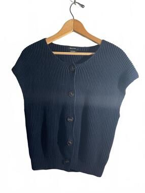 Massimo Dutti Navy Blue Ribbed Button-Up Knit Vest
